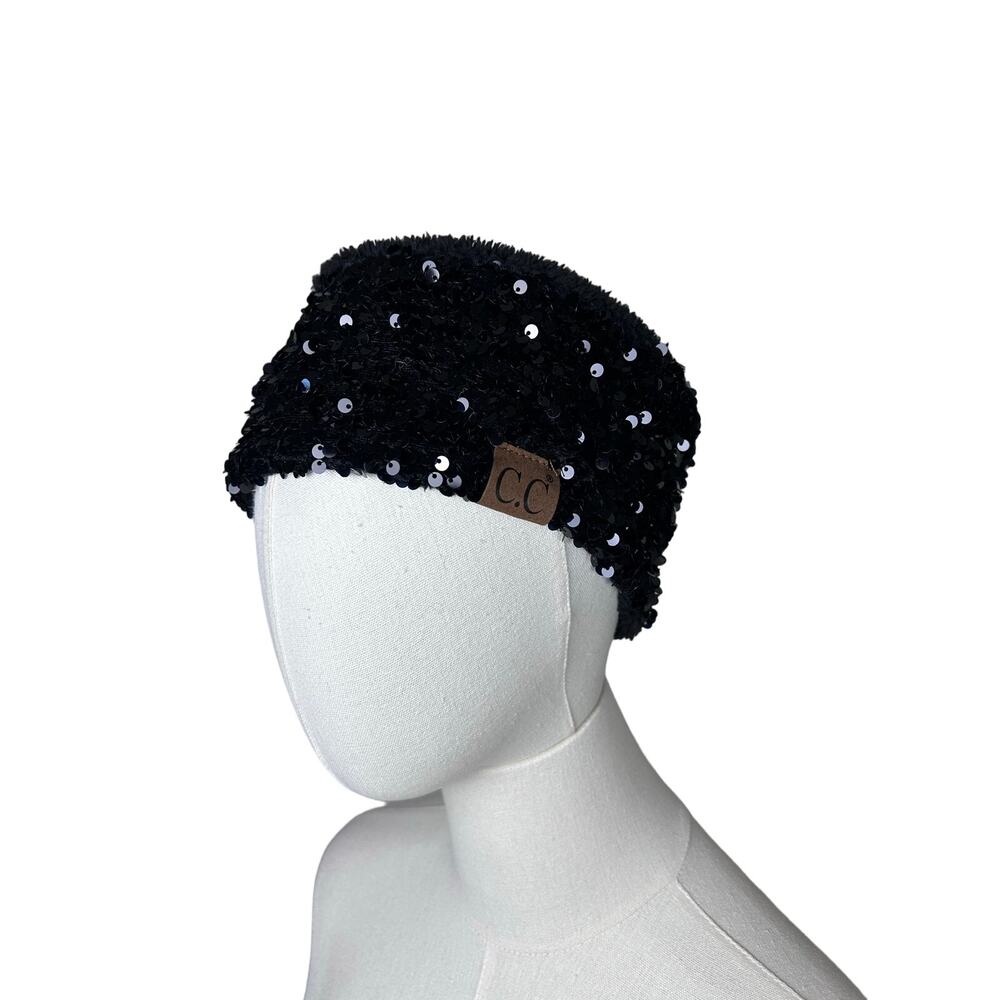 CC Women's Sequin Sherpa Headband Wrap Black Pull-on Winter Ear Muffs NWT